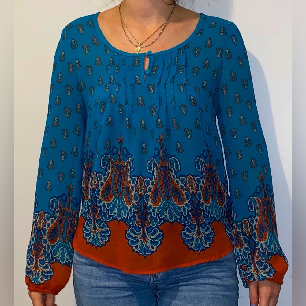 Boho Teal Coral Button down sheer see-through long sleeve shirt